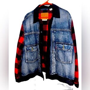 Levi's Premium Big E Blue Denim Red Black Plaid Buffalo Trucker Jean Jacket